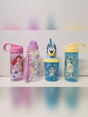 Bundle Of 4 Childrens Tumbler Cups Water Bottles Bluey Disney Princess